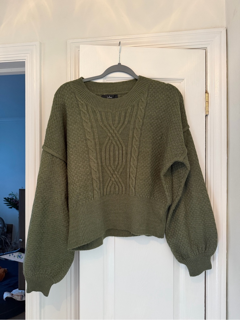 Lulu's Olive Cable Knit Balloon Sleeve Sweater